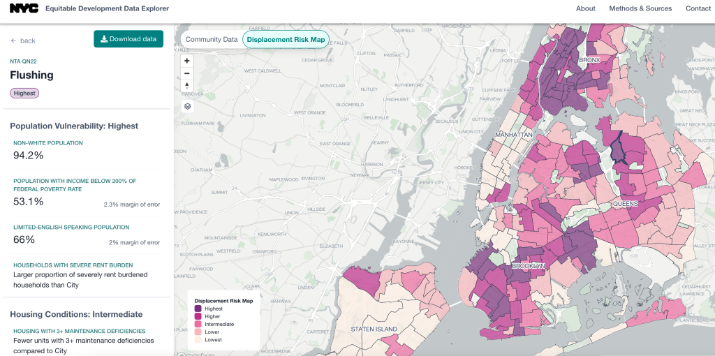 A map of displacement risk for New York City, focused on the neighborhood of Flushing in Queens.